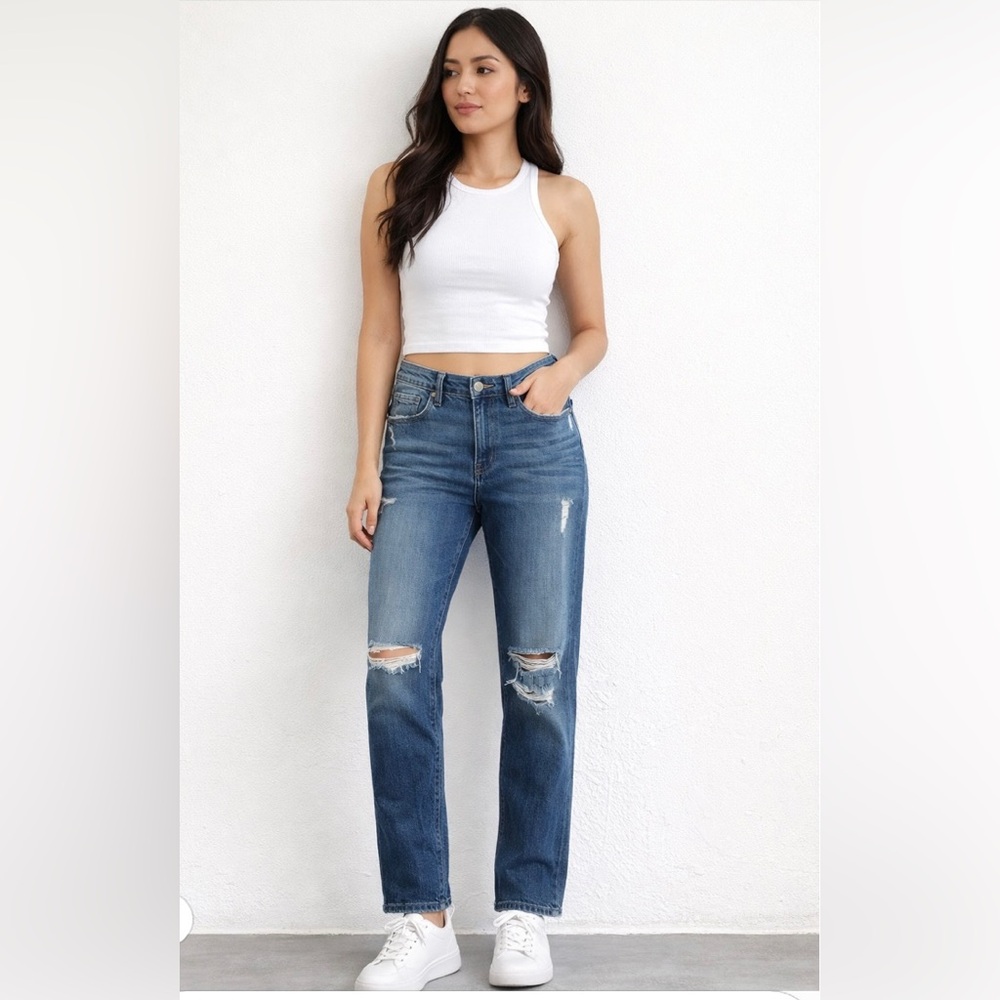 7 For All Mankind Medium Blue Ripped Straight Leg Jeans
